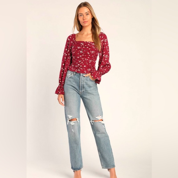 Lulus Fall For Flowers Burgundy Floral Print Ruched Long Sleeve Top - Picture 2 of 6